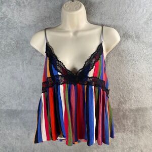 Y2k Zara Black Lace Trim Rainbow Striped Babydoll Cami Top Small Preppy